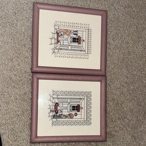 Framed Cross-Stitch Bathroom Scene BOY & GIRL